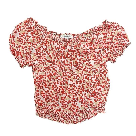Forever 21 Floral Crop Top Blouse Orange Cream and White Off Shoulder Medium - Picture 1 of 12